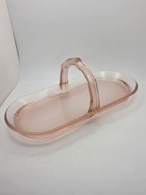 Vintage Pink Depression Glass Ribbed Vanity Tray Center Handle Candy Basket